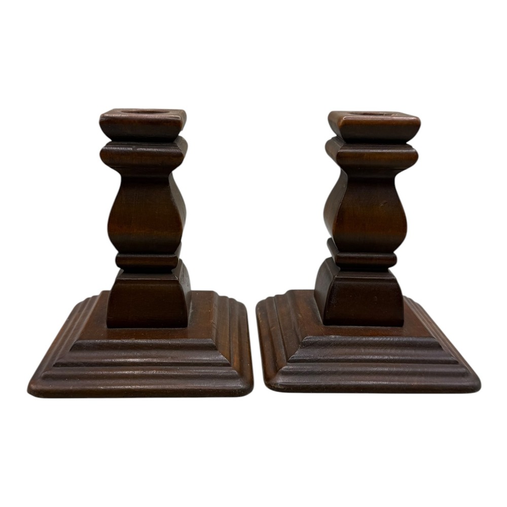 MCM Dark Wood Candlestick Pair 5.25" Tiered Square Base Taper Holders